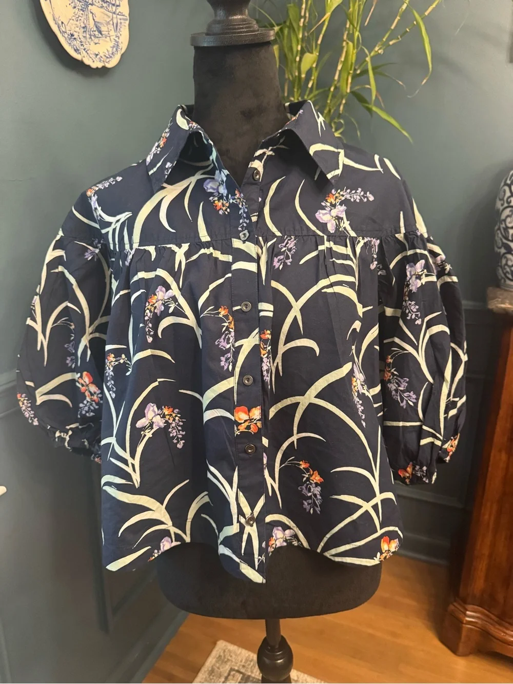 Maeve Bubble Sleeve Navy Floral Blouse